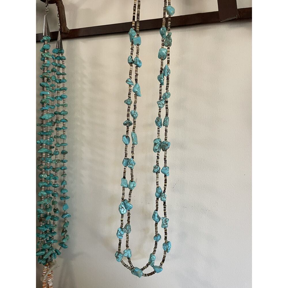 Double Strand Zuni Turquoise Nugget Handcut Heishi Native American Necklace - Picture 2 of 13